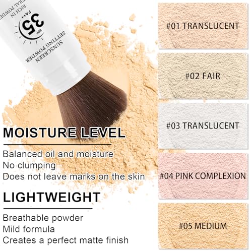 Mineral Sunscreen Setting Powder, SPF 35 Translucent Loose Powder for Face & Scalp, Mineral Brush Powder, Oil Control Natural Matte Finish, Lasting Lightweight Breathable (#01 Translucent)