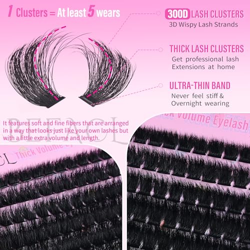 Volume Eyelash Clusters 300D Lash Clusters Thick Lash Extension 8-20mm Individual Lash Extensions DIY Cluster Eyelash Extensions Dramatic Full Salon Look at Home by Befacl