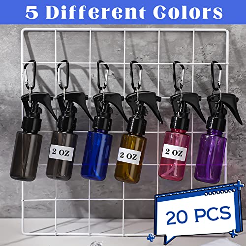 Roshtia 20 Pcs Small Spray Bottle with Keychain 2 oz Plastic Mini Spray Bottles Refillable 60ml Travel Size Spray Bottle with 1 Sheet Sticker Empty Hand Sanitizer Containers for Face Wash, 5 Colors