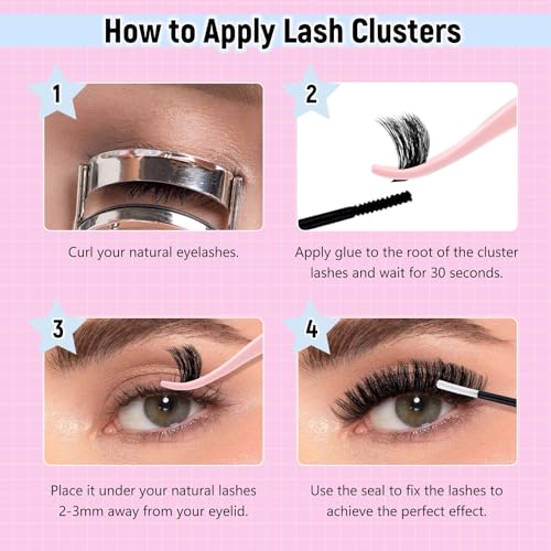 DIY Lash Clusters 120D+150D+200D+250D Eyelash Clusters Eyelash Extension 12-24mm D Curl Fluffy Clusters Eyelashes Individual Natural Lashes Thin Band Soft Lash Extension Clusters for Beginners
