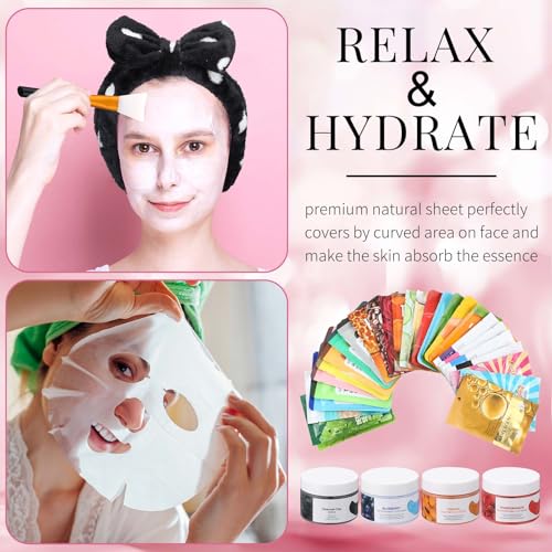 96 Pcs Face Mask Set Hydrating Clean Suitable for Sensitive Skin, Including 30 Peel-off Facial Masks, 4 Clay Masks, 60 Pairs of Under-eye Patches, a Mask Brush, and a Face-washing Headband