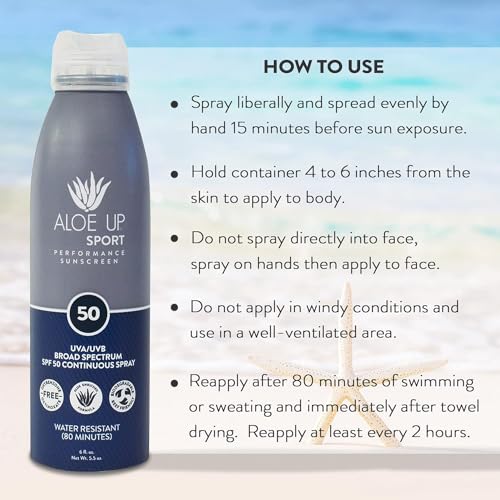 Aloe Up Sport Continuous Spray Sunscreen SPF 50- Broad Spectrum UVA/UVB Sunscreen Protector for Face and Body With Aloe Vera Gel Fast Absorbing Sheer Formula Reef Safe Fragrance-Free - 6 Oz 2 pack