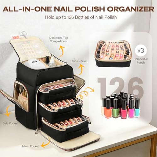 Nail Polish Organizer Backpack Holds 126 Bottles & Nail Lamp, Extra Large Nail Organizers and Storage Case with 3 Removable Pouches, Portable Nail Bag for Tech & Travel