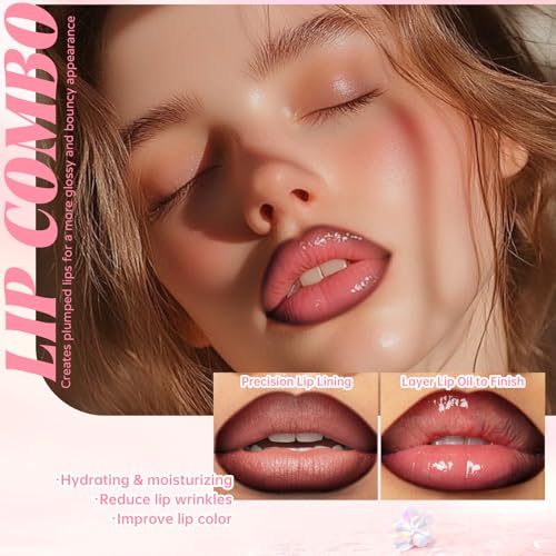 Nourishing Glowing Lip Oil with 2 in 1 Ombre Lip Liner Lipstick Set, Moisturizing High Shine Renewal Lip Gloss for Women, Smooth Long Wear Plumping Rose Pink Lip Tint Lip Crayon Combo Makeup