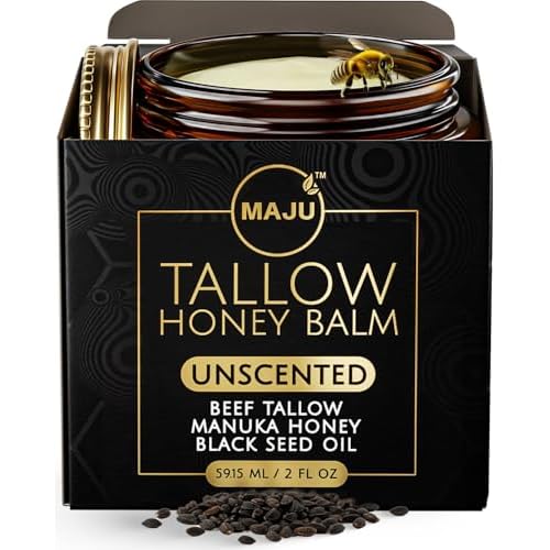 MAJU Beef Tallow Manuka Honey Balm, Unscented (2 oz), Grass-Fed Beef Tallow for Skin with Organic Black Seed Oil, Manuka Honey and Organic Beeswax, Skin and Face Moisturizer for Deep Hydration