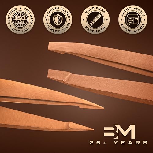 Precision Tweezers Set | Titanium Series | Slanted and Pointed Tip Tweezers Kit | Aligned & Hand-Filed Tweezer Set Professional | Hair Removal & Eyebrow Tweezers | Rose Gold