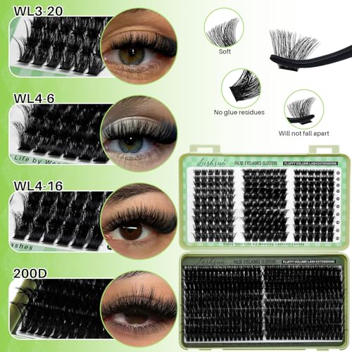 Lash Clusters Kit Wispy Eyelash Clusters Lashes DIY Lash Extension Kit Cluster Eyelash Extensions Kit Volume Cluster Lashes with Lash Bond and Seal,Lash Remover,Lash Tweezers(WL+200D Lash Kit)