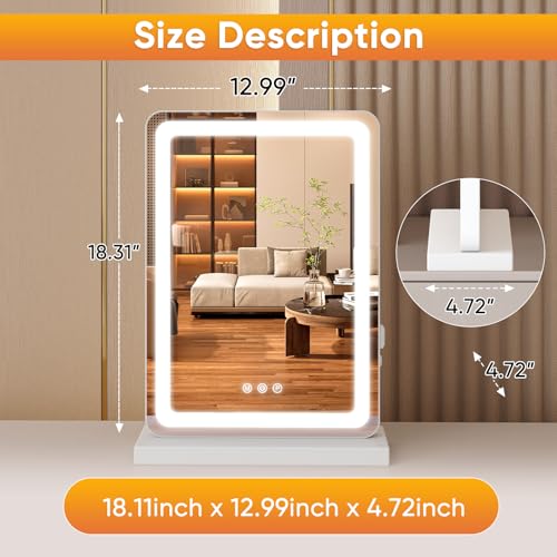 NEWBULIG 18.5"x13" LED Vanity Mirror with Lights, Lighted Smart Tabletop Makeup Mirrors for Desk, Touch Control Dimmable Brightness, 3 Color Lighting Modes