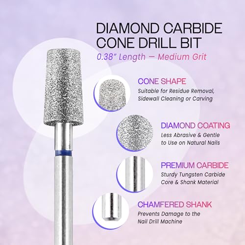 PANA 3/32" Diamond Carbide Cone Bit- Style 15, Medium Grit - Professional Cuticle Nail Drill Bits for Acrylic Gel Nails Dry Manicure Pedicure Shape Remove Tools