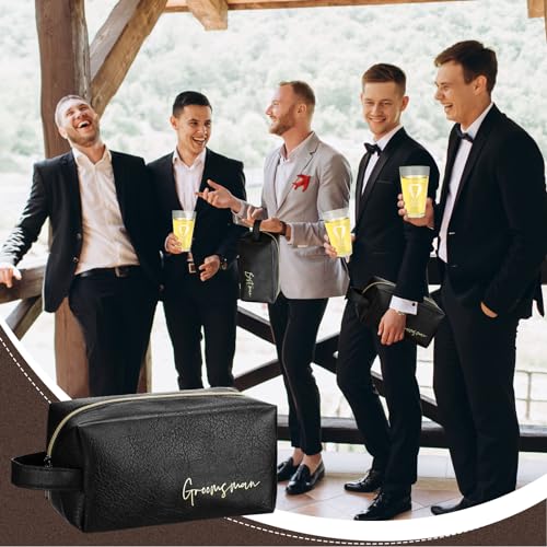 Amylove 7 Sets Groomsmen Gifts Set Wedding Proposal Gift 16 oz Beer Glass Cup Toiletry Bag and Bottle Opener Cap for Best Man PU Leather Cosmetic Bags with Zipper Greeting Card for Wedding(Black)