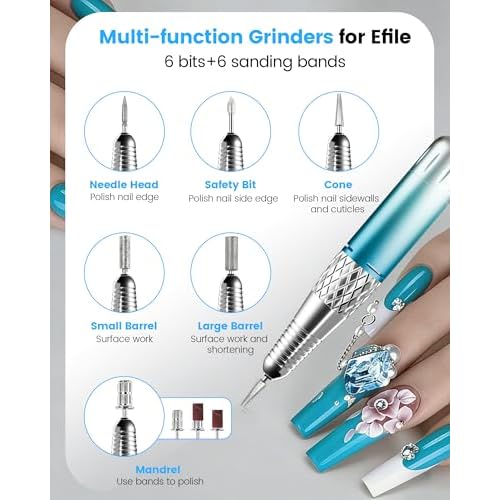 Nail Filer Electric Nail Drill Professional, Kisufu 45000 RPM Rechargeable Efile Nail Drill Kit with Smart Led, 3600mAh, Portable Nail Grinder for Salon Home Use, Women's Day Gifts (Blue).