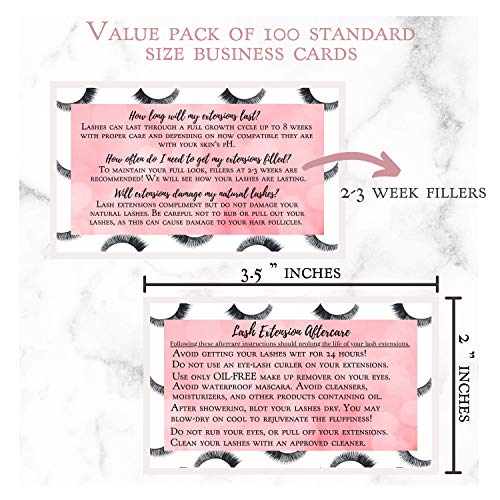 Boutique Marketing LLC Lash Extension Aftercare Instructions Card | 100 Pack | Size 3.5x2 inches After Care (2-3 Week Fillers) | False Lash print with Bubbly Pink Inlay Design (Lash Extension