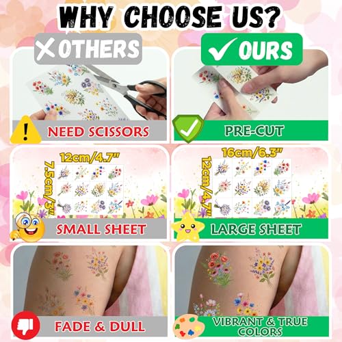 96PCS Wildflower Temporary Tattoos Stickers - Bouquets Flower Themed Birthday Party Favors Floral Birthday Party Decorations Supplies Accessories Gift For Kids Teen Girl Women Classroom Prizes Rewards