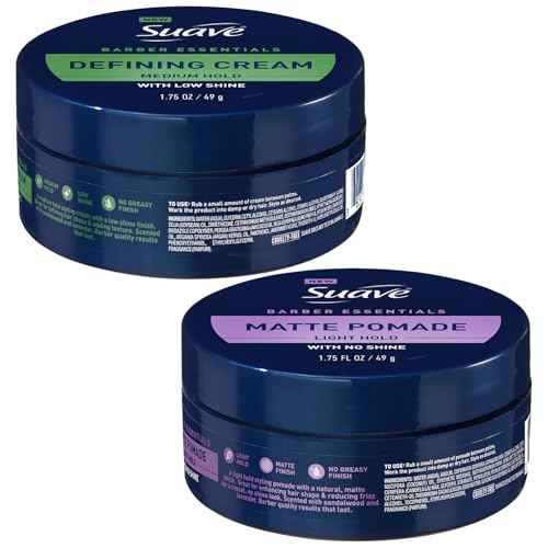 Suave+ Barber Essentials Variety 2-Pack ? Matte Pomade for Men, Light Hold, No Shine + Defining Cream, Medium Control, Low Luster, 1.75 Oz Each