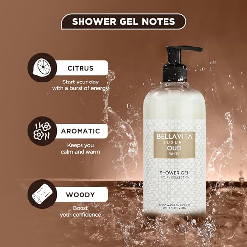 BellaVita Luxury White Oud Perfume & Body Wash Combo | Unisex Eau De Parfum with Orange, Freesia & Woody Notes (100ml) + Exotic Oud Shower Gel with Aloe Vera (500ml) | Long-Lasting & Deep Clean