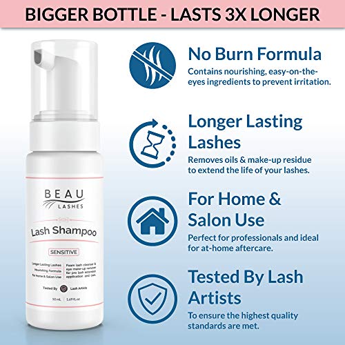 Eyelash Extension Foam Cleanser Shampoo & Brush (150ml) - Oil Free Sensitive Paraben & Sulfate Free Eyelid/Lash Foaming Wash Cleaner To Remove Makeup & Mascara - Ideal For Salons And Home Care
