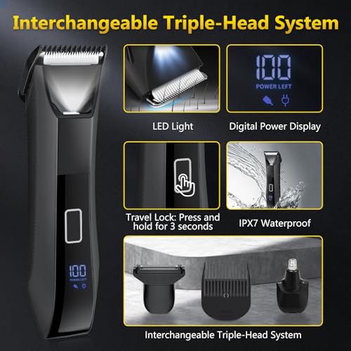 Manscape 4-in-1 Men's Body & Beard Trimmer - Groin, Pubic, and Ball Hair Shaver with No-Nick Technology, 20-Length Adjustable Beard Styler, Nose Trimmer, IPX7 Waterproof, LED Display, Travel Case