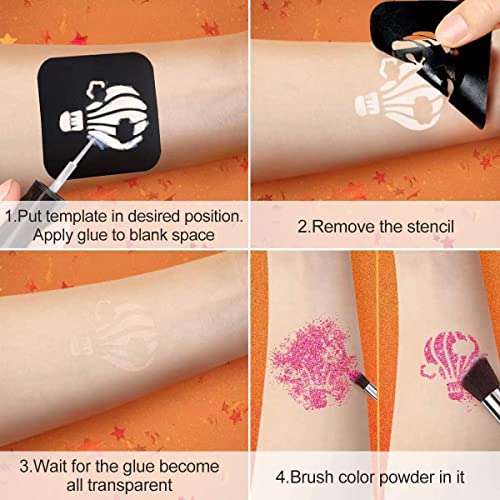 Temporary Glitter Tattoos Kit for Kids, 24 Body Glitter, 2 Glue, 5 Brushes, 187 Stencils, Kids or Adults Halloween Makeup Kit, Gift for Girls Birthday Party Festival