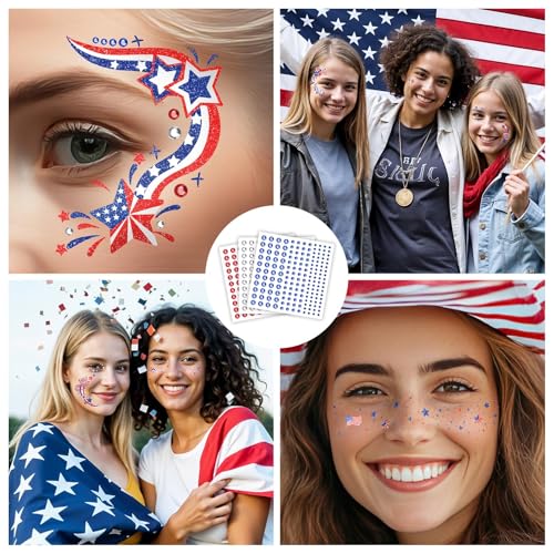 EMOME 4th of July Decorations, Independence Day Glitter Faux Freckles Face Tattoos with Red White Blue Face Gems, Patriotic Stickers Makeup Accessories for Fourth of July, Memorial Day, Labor Day