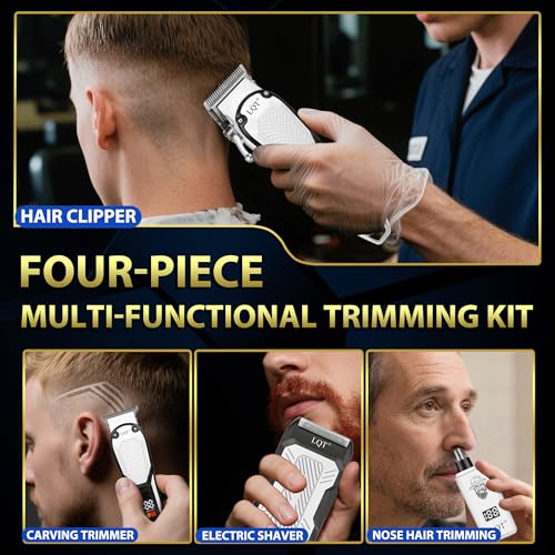 Hair Clippers for Men 4 Pcs White LED Display Cordless Clippers Set Professional Electric Beard Trimmer for Men Foil Shaver Nose and Ear Hair Trimmer with Storage Bag, Men's Gifts