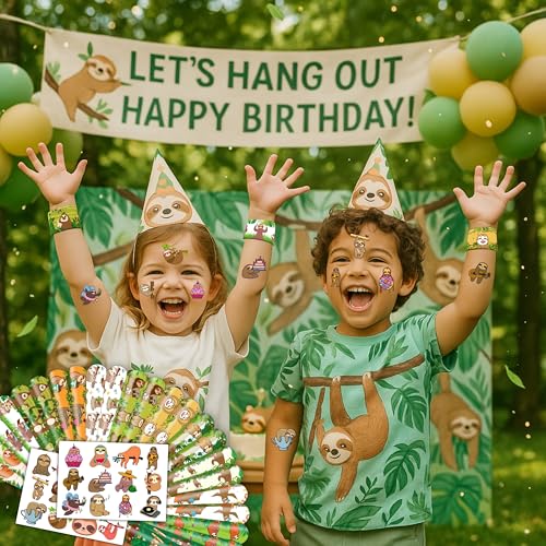 48 PCS Sloth Party Set: 24 PCS Temporary Tattoos & 24 PCS Slap Bracelets - Themed Gifts for Kids, Girls, Boys - Perfect for Birthday Parties, Baby Showers, Classroom Rewards, Party Decorations