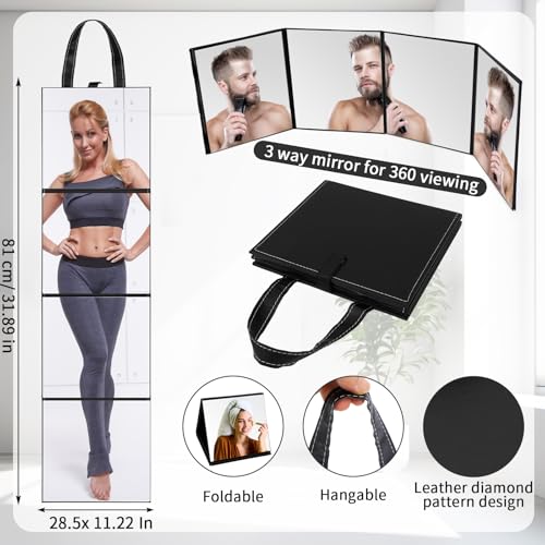 3 Way Foldable Full Length Mirror with Handle 31.89 x 11.22 Inches Leather Portable Camping Travel Hanging Folding Body Mirror for Makeup Dance Home Fitness Spa Hair Styling (Black)