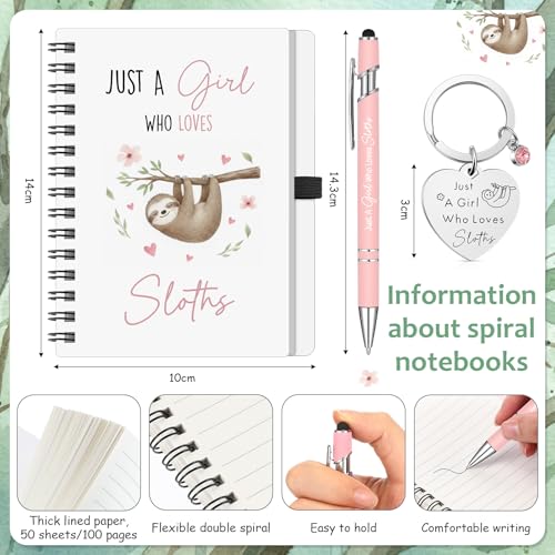Ceenna 5 Pcs Sloth Gifts for Women, Just a Girl Who Loves Sloth Cosmetic Makeup Bag, Canvas Bag, A6 Spiral Notebook Lined Journal, Writing Gel Ink Pen and Funny Keychain for Girl Animal Lovers Gift
