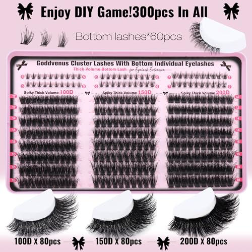 Lash Clusters Volume Cluster Eyelash Extensions D Curl Waterproof Individual Lashes 240pcs Fluffy Faux Mink Cluster Lashes and 60pcs Bottom Lashes for DIY Eyelash Extension
