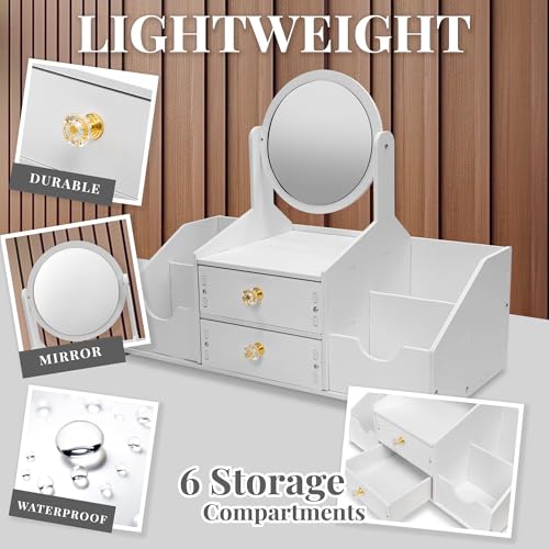 Wooden Makeup Organizer ? Countertop Makeup Organizers with Mirror, Drawers ? Cosmetic Organizer for Brushes, Skincare ? Elegant Make Up Storage Holder for Vanity, Bathroom, Dresser