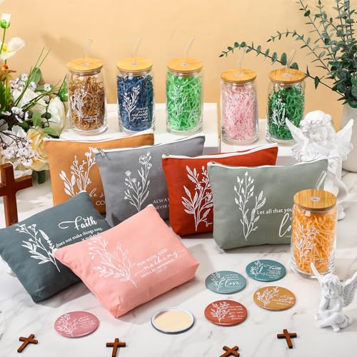 Fumete 6 Set Christian Gifts Bulk Religious Makeup Bag Bible Verse Glass Cup Mini Christian Compact Mirror Regalos Cristianos for Womens History Month Mothers Day Birthday Church Gifts (Bright Colors)
