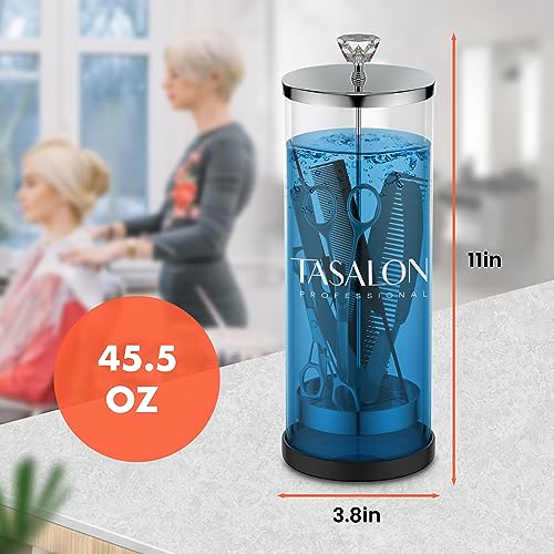 TASALON Barber Jar (45.5 oz) with Crystal Handle - Disinfectant Jar for Salon, Spa and Manicure Shop - Durable Glass and Sterilizing Container with Removable Stainless Steel Basket - Large