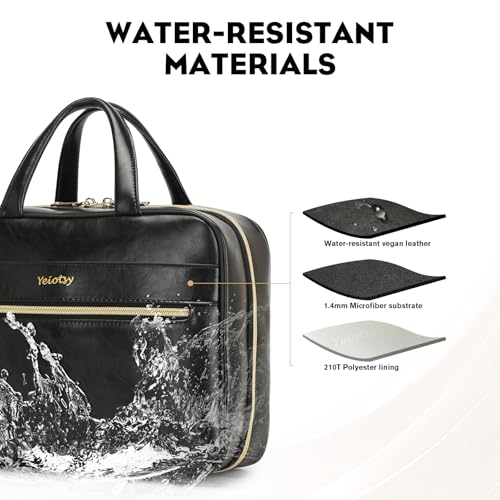Yeiotsy Hanging Toiletry Bag - Waterproof Vegan Leather Organizer with Wet-Dry Compartments, Foldable Design for Camping, Gym & Business Travel (Black, Large)