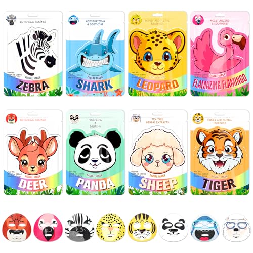 8 Pcs Animal Face Masks Bulk Spa Sheet Skincare Facial Mask Funny Face Skin Care for Women Girls Sleepover Slumber Party