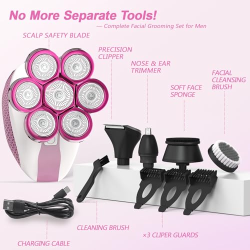 7D Head Shavers for Bald Men,Electric shavers for Men with LED Display, Head Shavers for Men Wet&Dry, Professional 5-in-1 Electric Head Shaver Grooming Kit for Hair/Face/Beard£¨Pink£©
