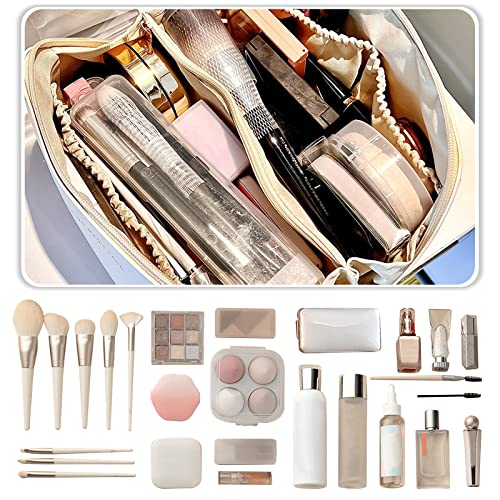 Toiletry Bag For Women Portable Make Up Bag Waterproof Wash Bag PU Leather Cosmetic Bag Bathroom Shower Bag Multifunctional Travel Organizer For Shampoo, Cosmetics, Toiletries White