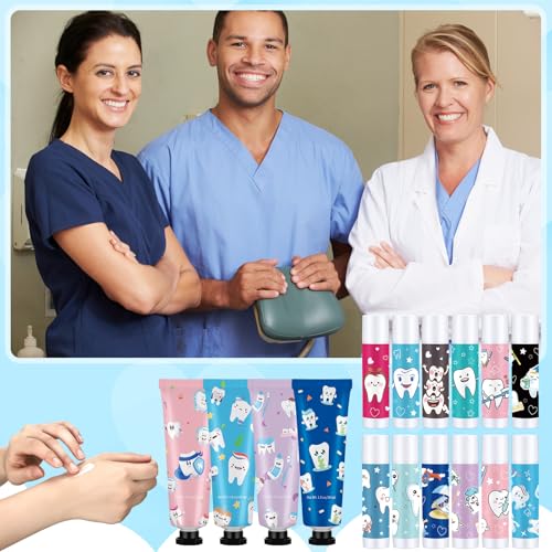 Loopeer 24 Sets Dental Hygiene Gifts Oral Health Day Dental Assistant Gifts Hygienist Appreciation Gift Moisturizing Lip Balm Hand Cream Dentist Thank You Gift with Cards Organza Bags for Nurse Week