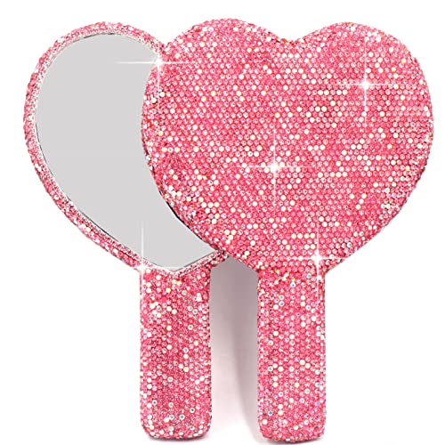 Bling Rhinestone Heart Handheld Mirror - Portable & Dazzling Makeup Mirror for On-The-Go Touch-ups (Plastic Pink)