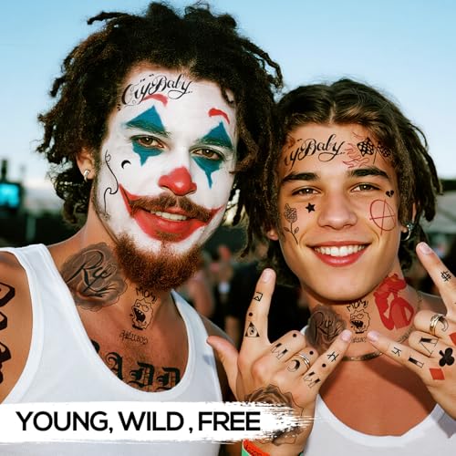 4-Sheet Rapper-Inspired Temporary Tattoos - Face & Body Hip-Hop Tattoo Stickers for Men, Women and Kids - Waterproof Fake Tattoos for Cosplay, Halloween, and Parties