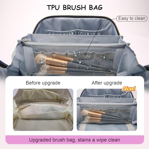 BOYATU Travel Makeup Bags Cosmetic Organizer Bag: 3-Set Large Capacity Make up Bag - PU Leather Toiletry Bags for Women - Wide Open Portable Pouch with Divider & Handle (01-Z-Light Purple)
