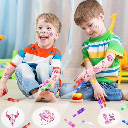 72 PCS Cowgirl Party Favors ? 48 PCS Luminous Tattoos & 24 PCS LED Finger Lights Combo ? Birthday Goodie Bag Fillers, Party Supplies, Gifts Light Up Toys Glow In The Dark for Boys and Girls