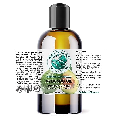 Bella Terra Oils - Avocado Oil 8 oz - Cold-Pressed Excellence, Brimming with Oleic Acid & B-Vitamins, Ideal Complement for Skin Care Regimens
