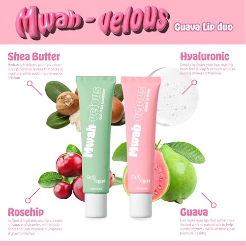 SoloVegan Mwah-velous Guava Lip Duo for Day & Night - Hydrating Lip Butter with Rosehip Oil, Guava & Nourishing Lip Treatment with Hyaluronic Acid for Soft, Plump Lips