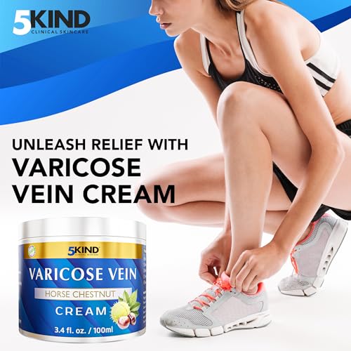 Varicose Veins Treatment for Legs 3.4 Fl Oz - Horse Chestnut Cream for Varicose Veins with Zinc, Avocado & Arnica - Improve the Appearance & Feel of Varicose Veins - Varicose Veins Cream by 5Kind