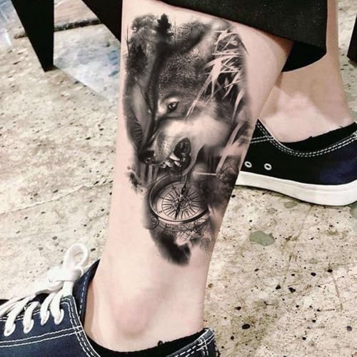 2 Sheets Realistic Animal Temporary Tattoos Stickers Forest Compass Wolf Designs For Men Waterproof Arm Leg Fake Body Art, Gym & Parties Bold Masculine Decals