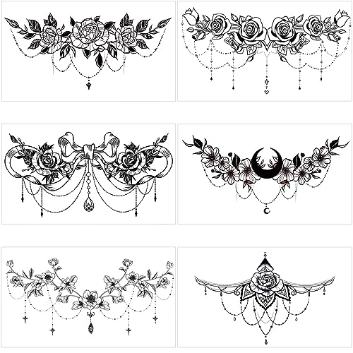 PAGOW 6pcs Fake Tattoos Women, Waterproof Floral Moon Bowknot Rose Realistic Temp Tattoo Stickers for Women Girl Chest, Waist (Large Size: 9.5x5.4inch/240x138mm) Black