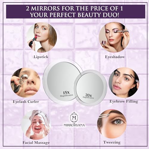 20X & 15X Magnifying Makeup Mirror Set with 3 Suction Cups Each - Compact & Travel Ready & Large Hand Held Mirror with Comfy Handle for Women and Men - Personal Barber Haircut Mirror