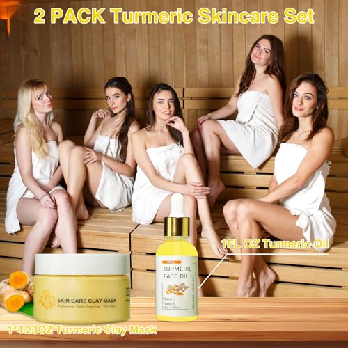 Turmeric Clay Mask & Serum Skincare Kit, Vitamin C Deep Cleansing Overnight Face Mask for Pores, Turmeric Face Oil for Dry Skin