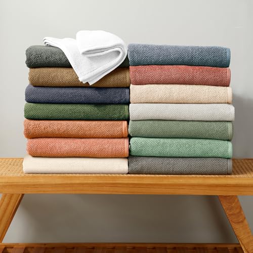 Great Bay Home 100% Cotton 12-Pack 13x13 Wash Cloth - Absorbent, Quick-Drying, Durable Face Towels for Bathroom Decor - Low-Twist, Two-Ply Fibers (Forest Green)