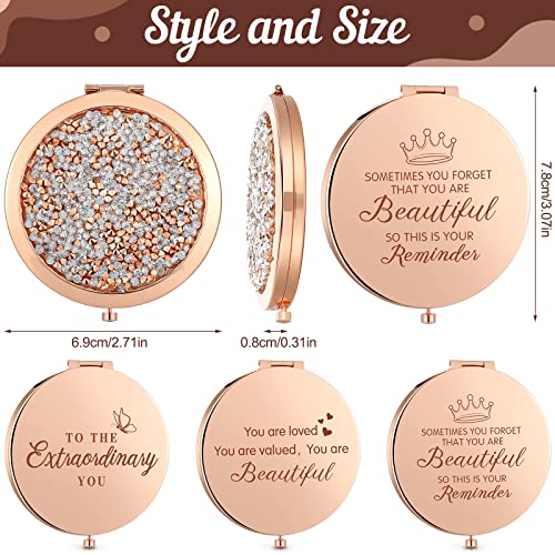 Roowest 16 Pack Metal Rhinestone Compact Mirror Bulk for Women Inspirational Rose Gold Magnifying Pocket Mirrors for Purses Women Day Gift Wedding Bridal Shower Favors