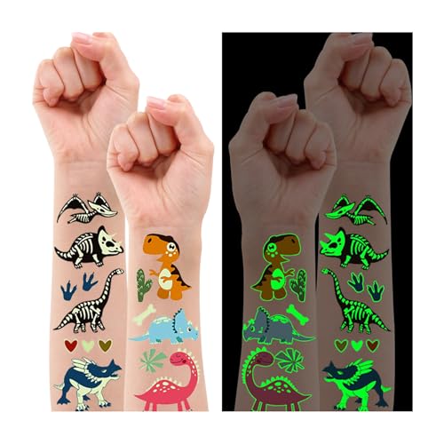 160 PCS Luminous Dinosaur Temporary Tattoos for Kids, Glow Dinosaur Decorations for Birthday Party Supplies Favors for Boys and Girls, Dinosaur Tattoos Stickers for Stocking Stuffers (20 Sheets)